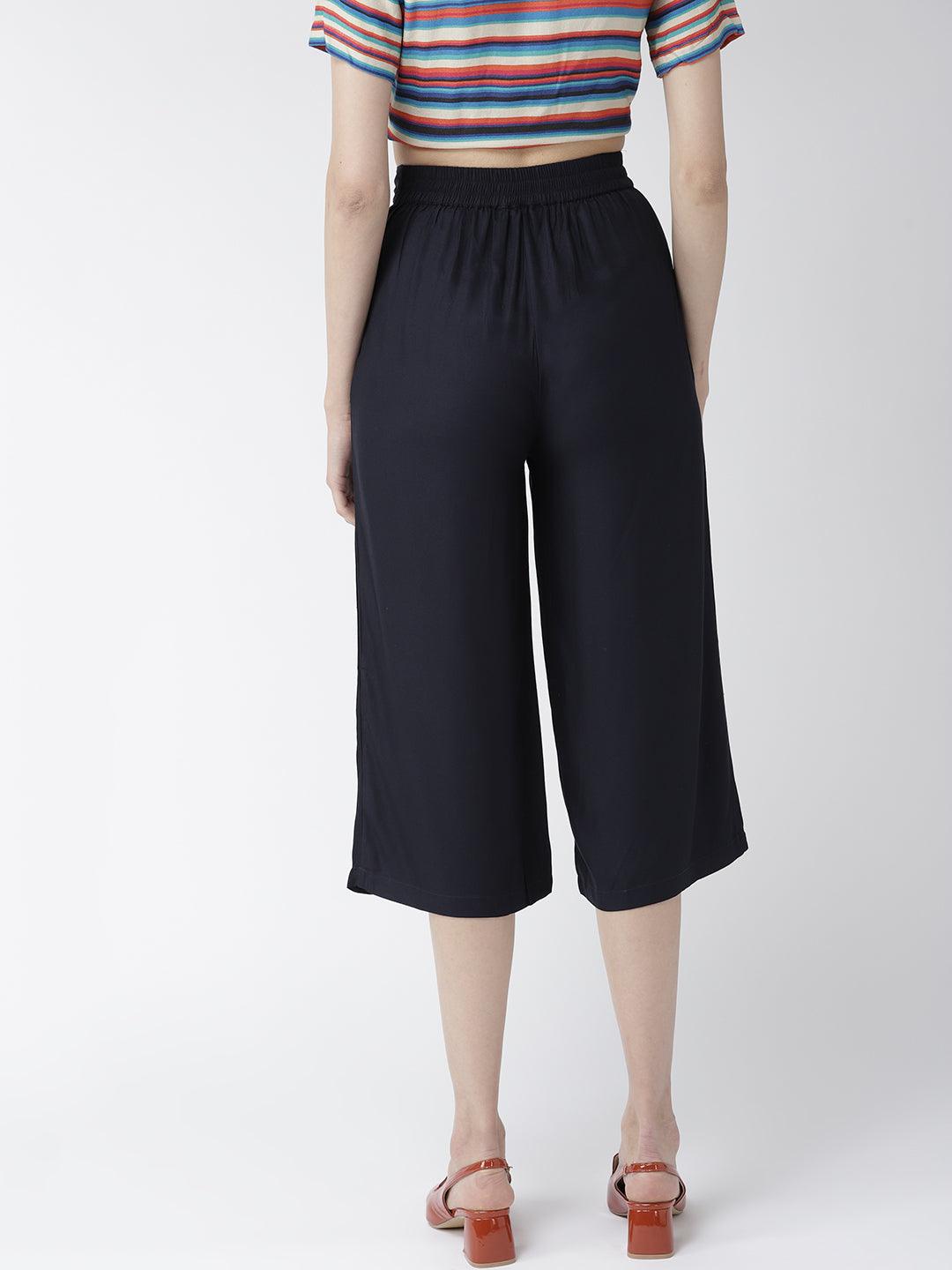 Women Navy Blue Original Loose Fit Solid Culottes-Trousers-StyleQuotient