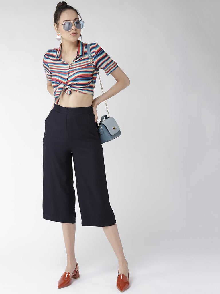 Women Navy Blue Original Loose Fit Solid Culottes-Trousers-StyleQuotient