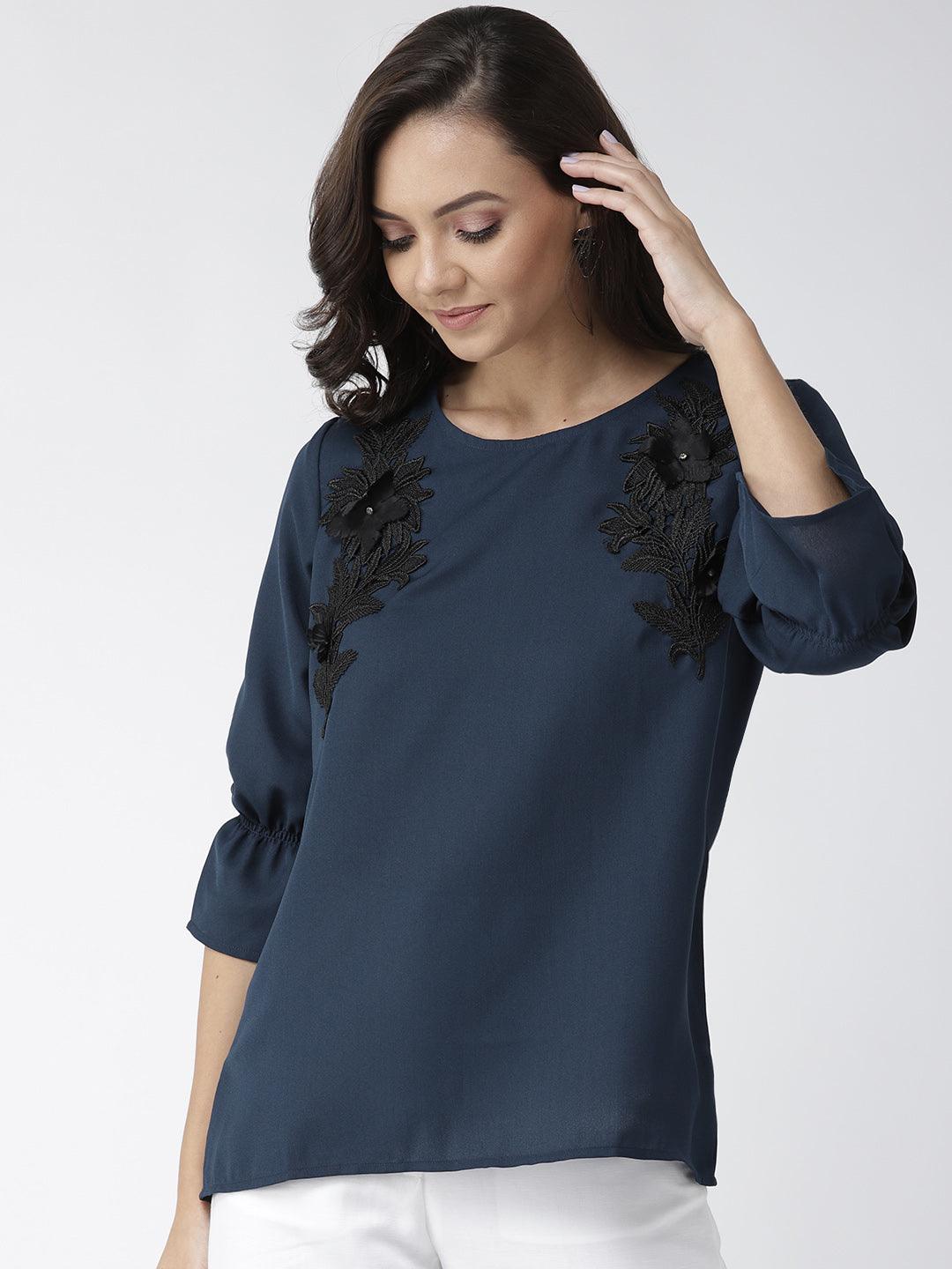 Women Navy Blue Solid Top With Applique Detail-Tops-StyleQuotient