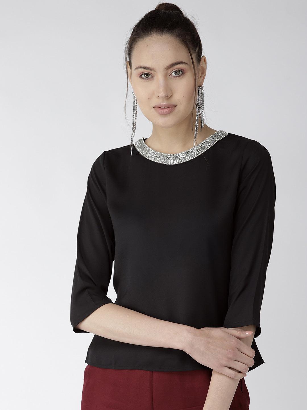 Women Black Solid Top-Tops-StyleQuotient