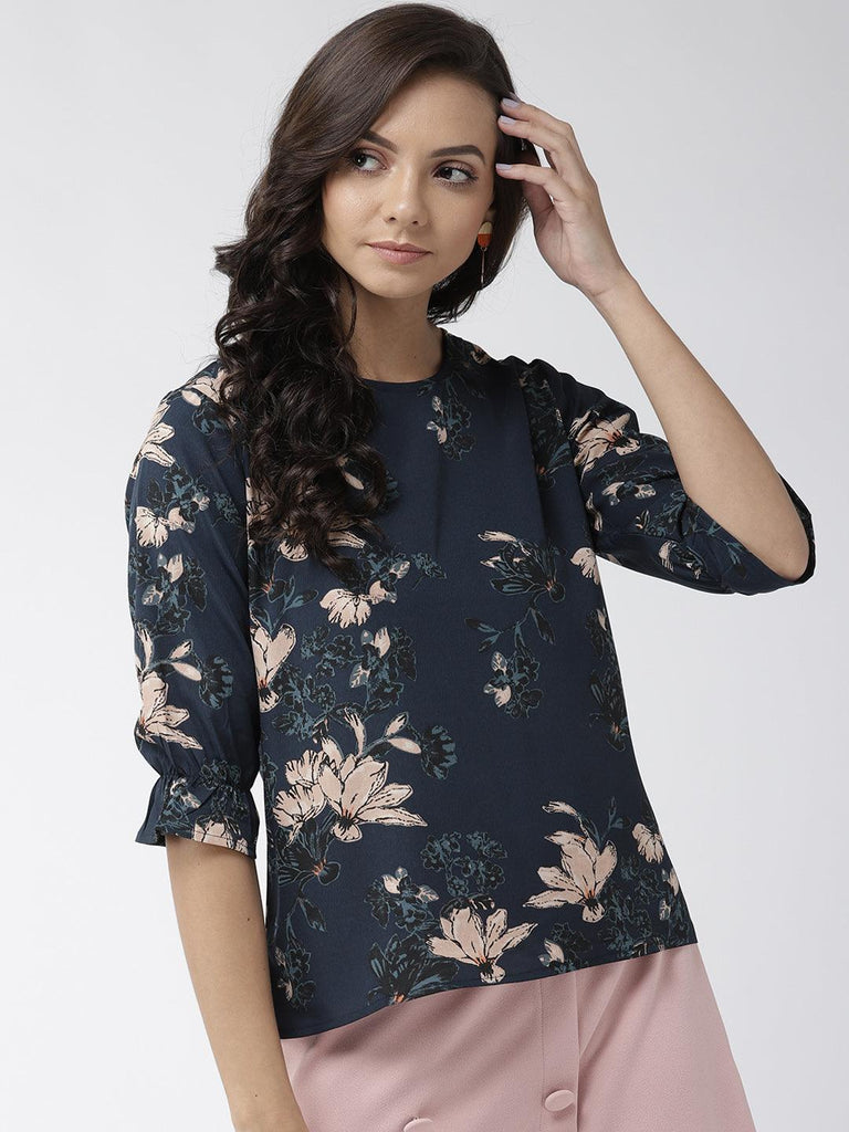 Women Navy Blue & Beige Printed Top-Tops-StyleQuotient