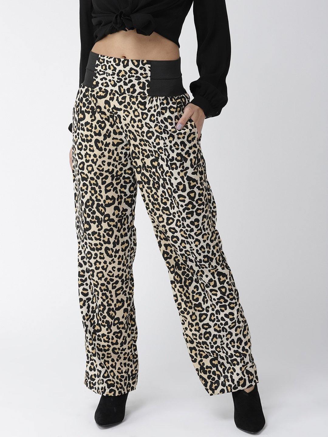 Women Beige & Black Original Straight Fit Animal Print Parallel Trousers-Trousers-StyleQuotient