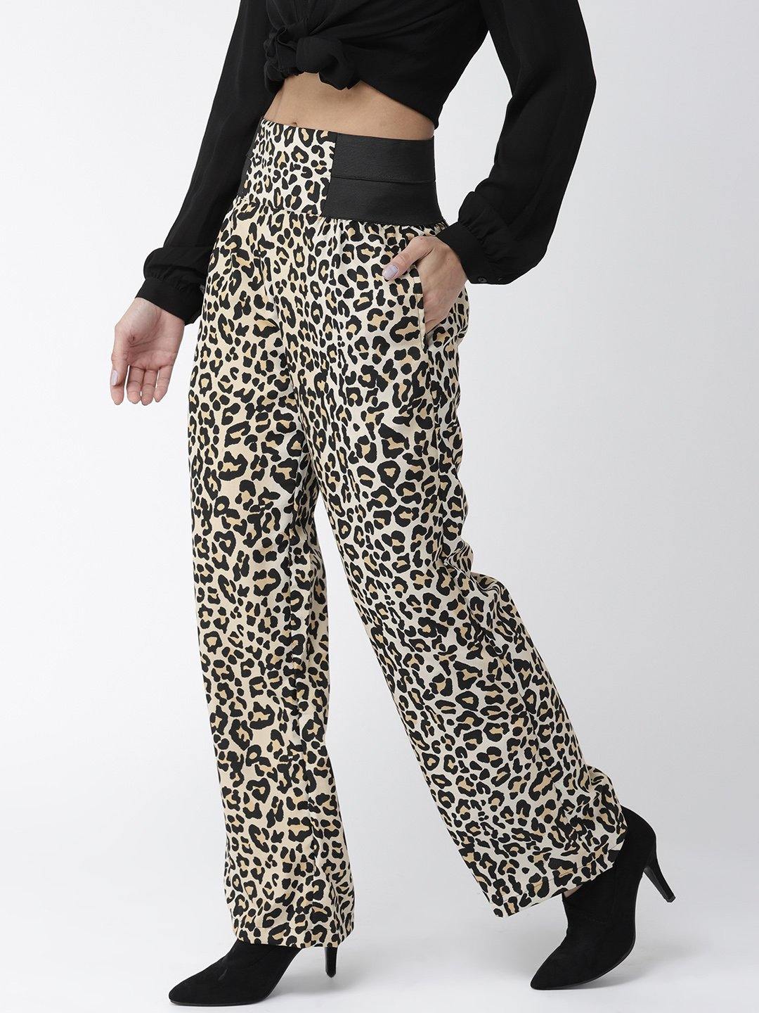 Women Beige & Black Original Straight Fit Animal Print Parallel Trousers-Trousers-StyleQuotient