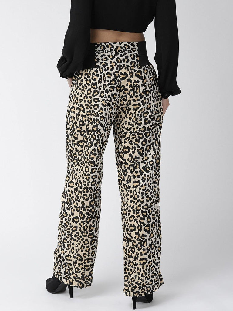 Women Beige & Black Original Straight Fit Animal Print Parallel Trousers-Trousers-StyleQuotient