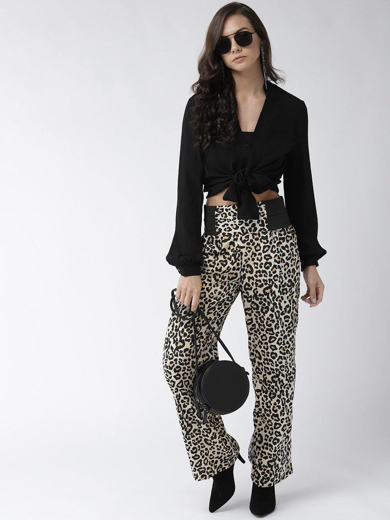 Women Beige & Black Original Straight Fit Animal Print Parallel Trousers-Trousers-StyleQuotient