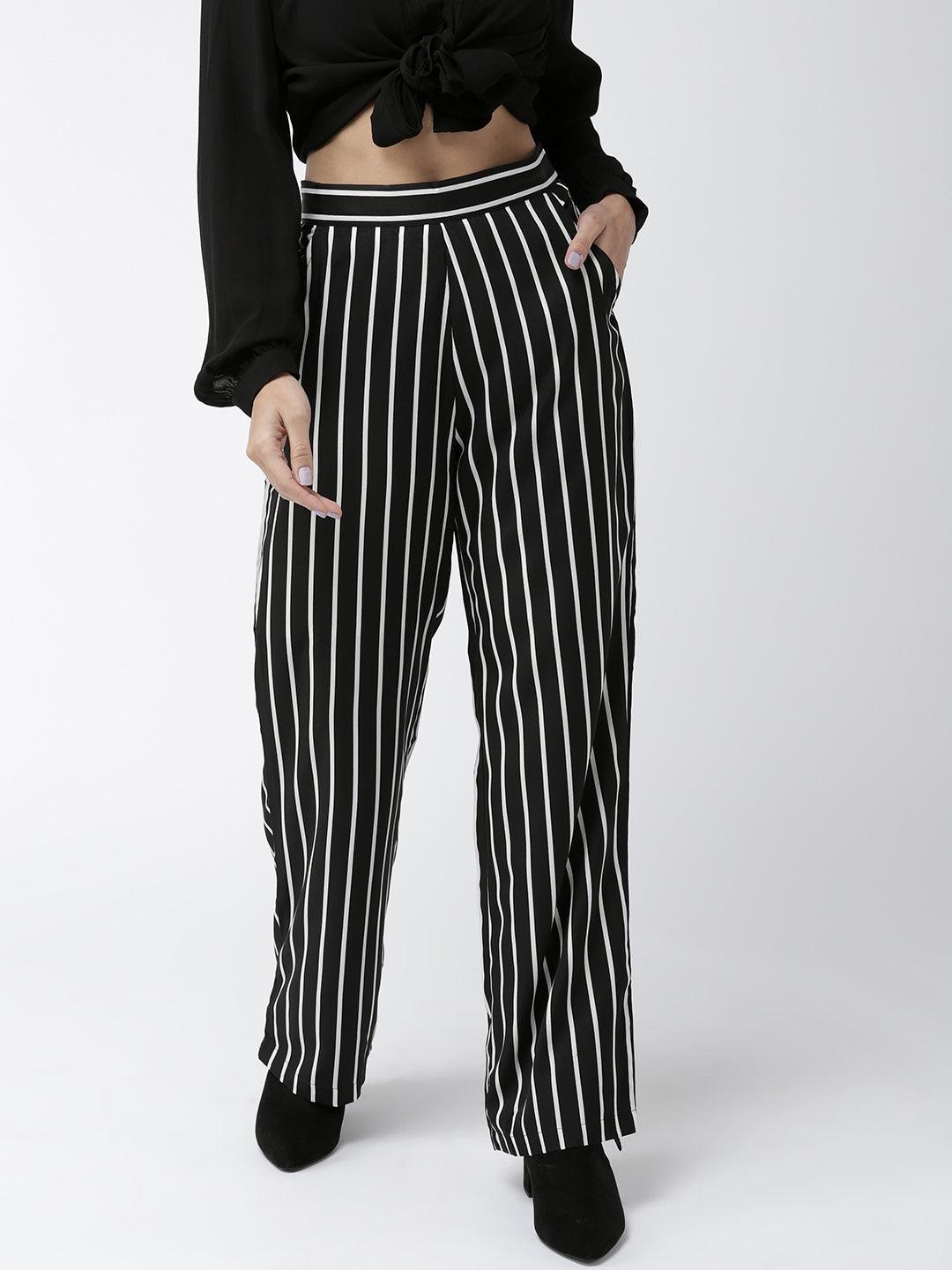 Women Off-White & Black Original Straight Fit Striped Parallel Trousers-Trousers-StyleQuotient