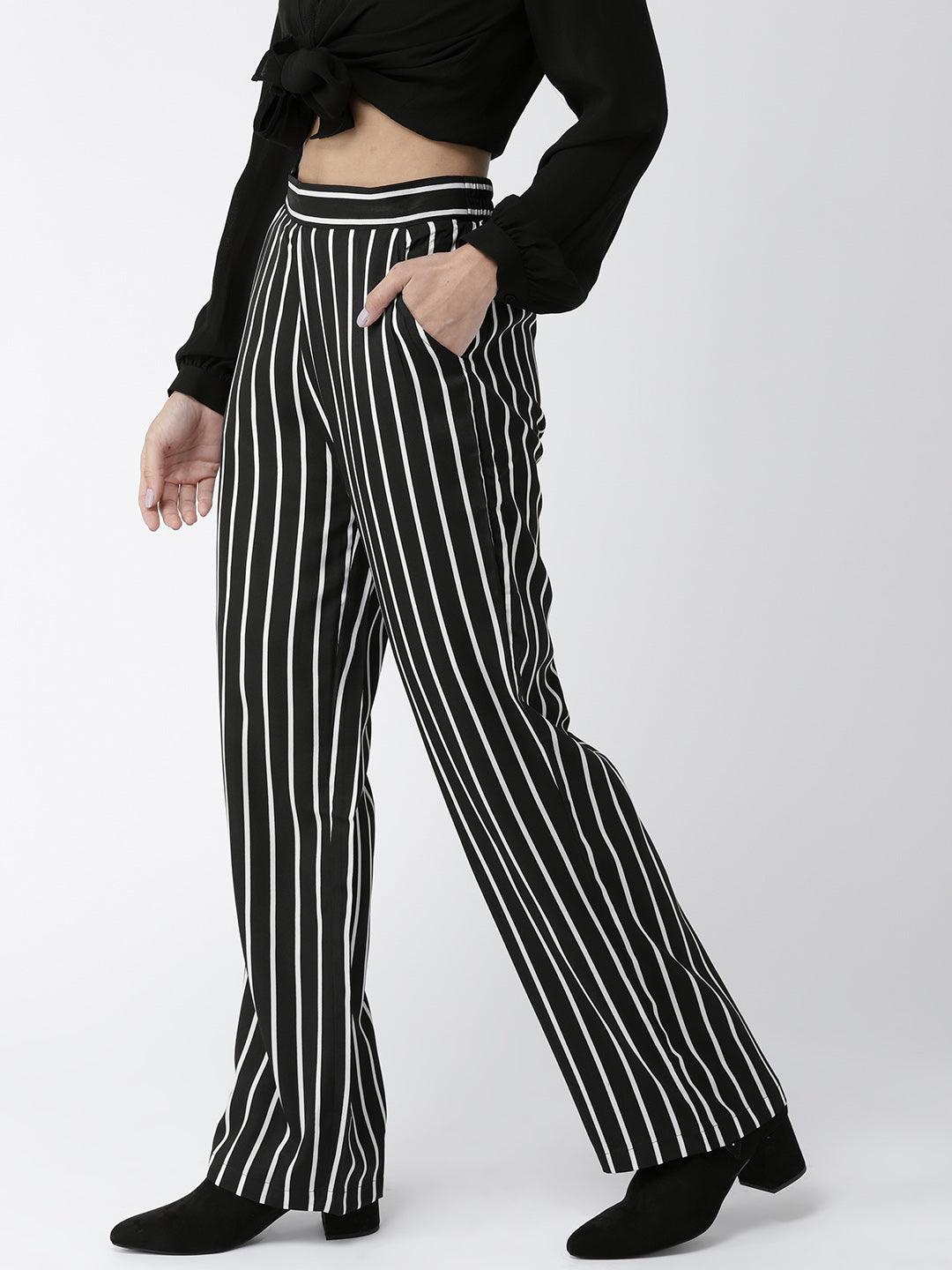 Women Off-White & Black Original Straight Fit Striped Parallel Trousers-Trousers-StyleQuotient