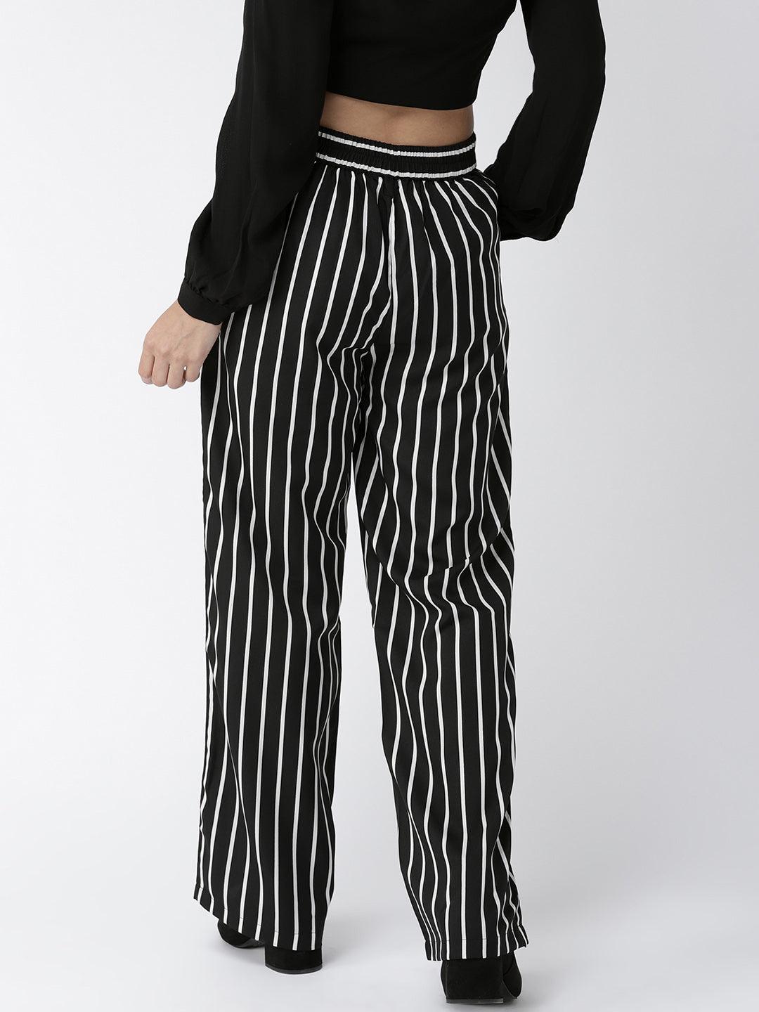 Women Off-White & Black Original Straight Fit Striped Parallel Trousers-Trousers-StyleQuotient