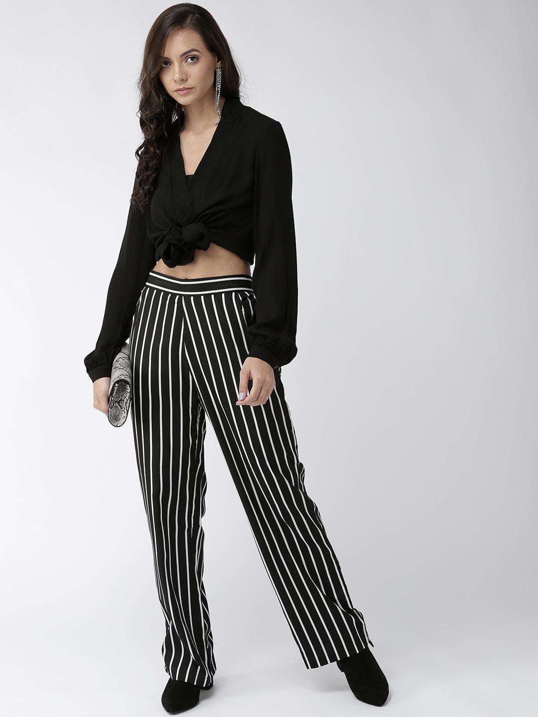 Women Off-White & Black Original Straight Fit Striped Parallel Trousers-Trousers-StyleQuotient