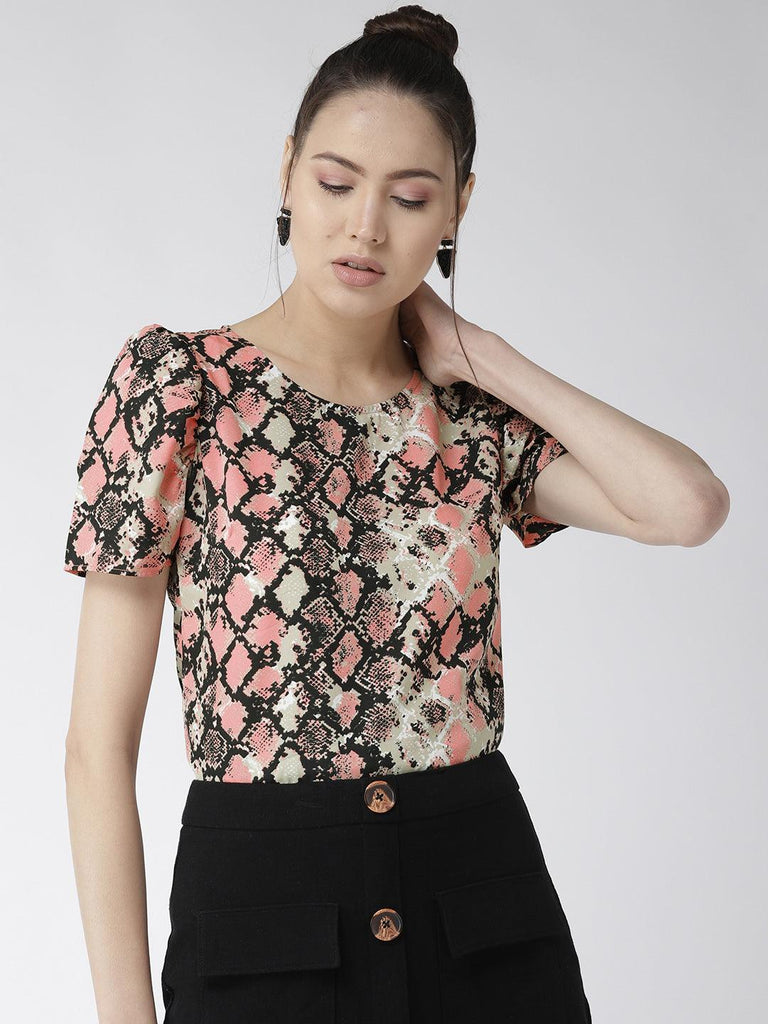 Women Peach-Coloured & Black Printed Top-Tops-StyleQuotient