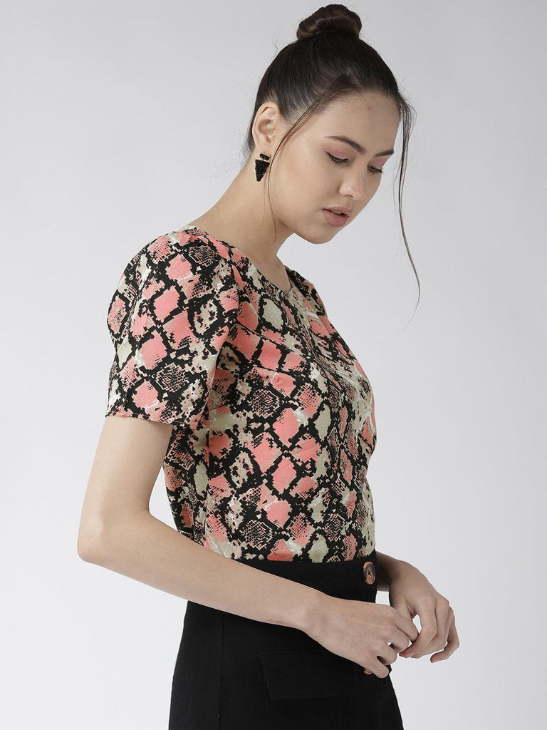 Women Peach-Coloured & Black Printed Top-Tops-StyleQuotient