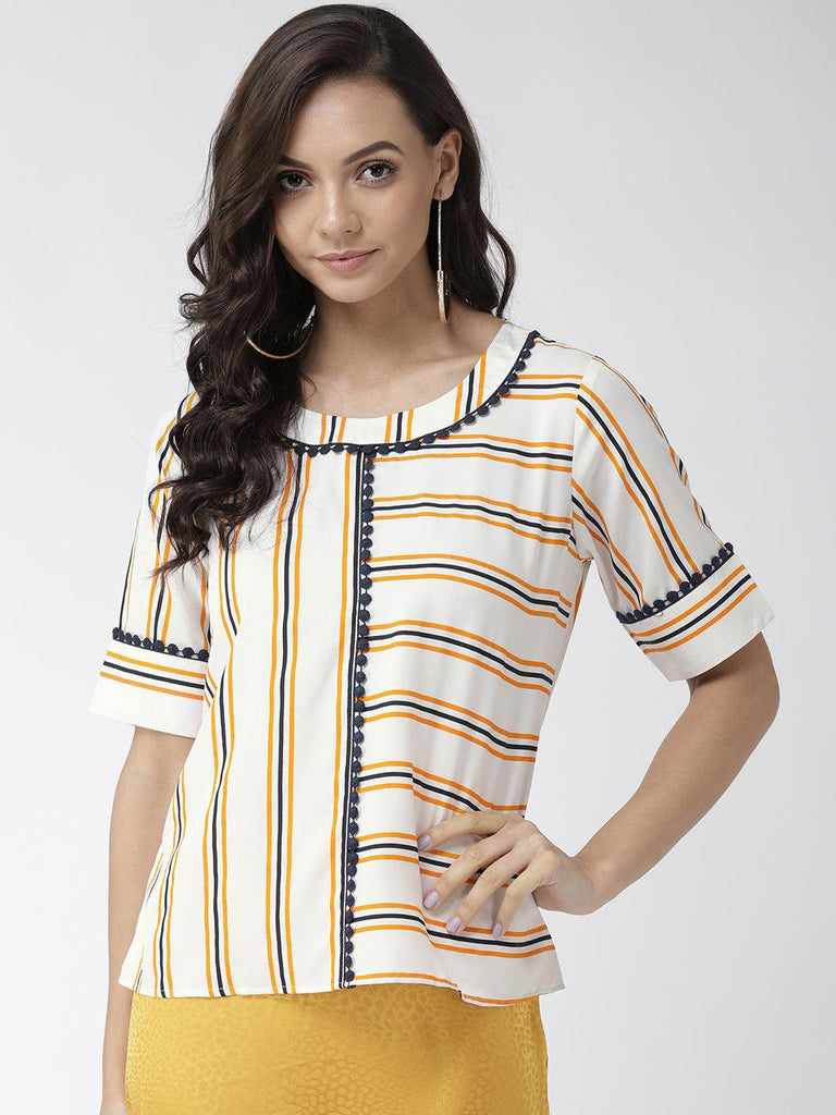 Women Off-White & Navy Blue Striped Top-Tops-StyleQuotient