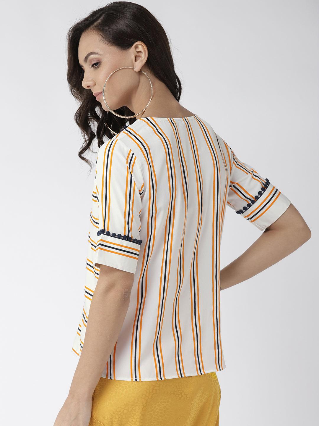 Women Off-White & Navy Blue Striped Top-Tops-StyleQuotient