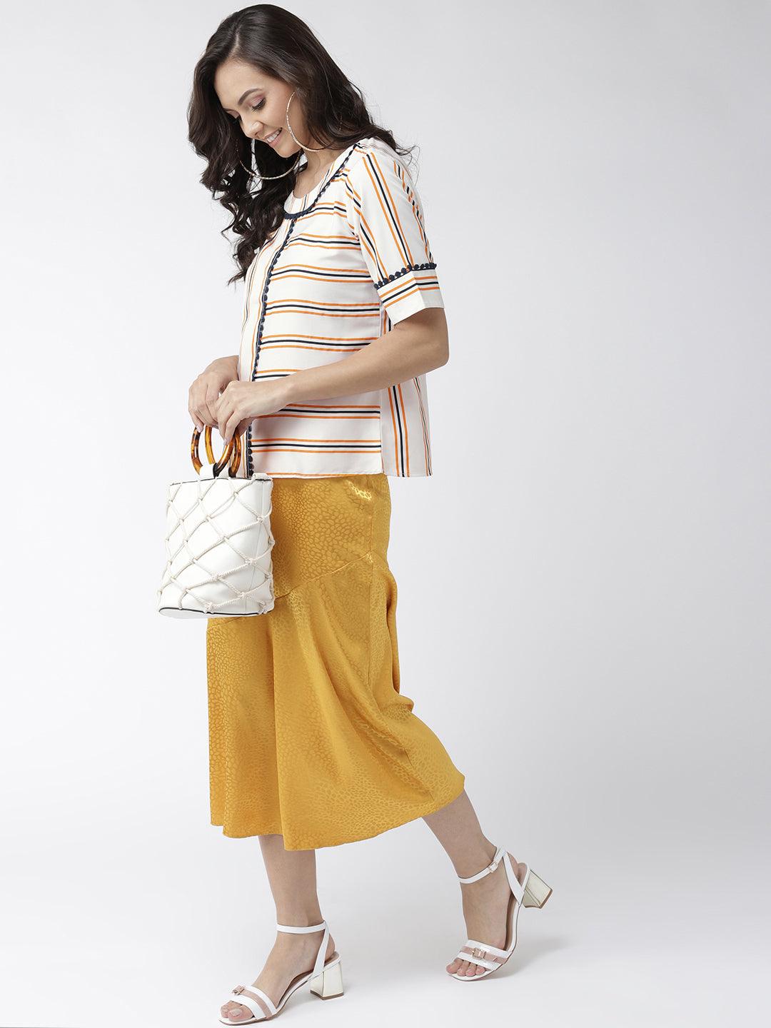 Women Off-White & Navy Blue Striped Top-Tops-StyleQuotient