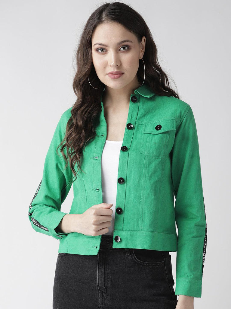 Women Green Solid Denim Jacket-Jackets-StyleQuotient