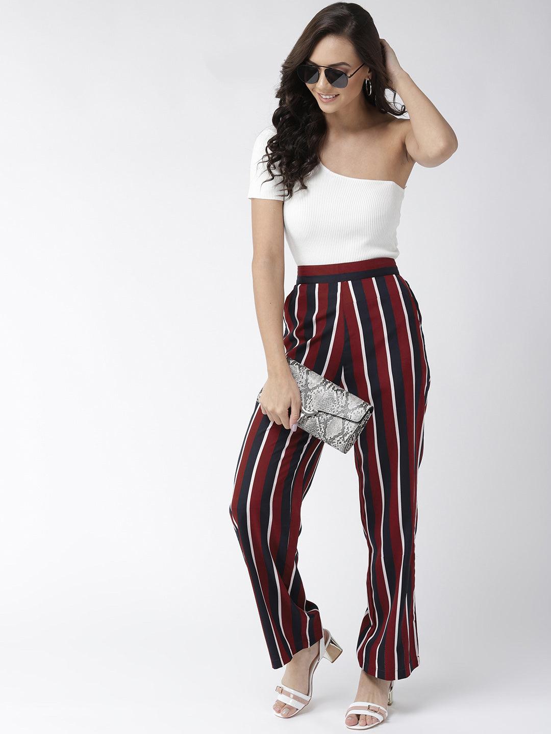 Women Off-White & Black Original Straight Fit Striped Parallel Trousers-Trousers-StyleQuotient