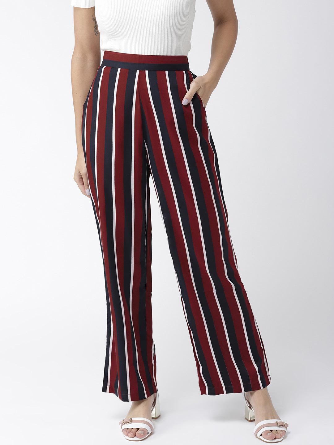 Women Off-White & Black Original Straight Fit Striped Parallel Trousers-Trousers-StyleQuotient