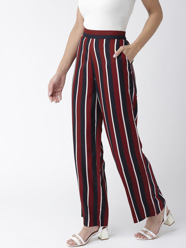 Women Off-White & Black Original Straight Fit Striped Parallel Trousers-Trousers-StyleQuotient