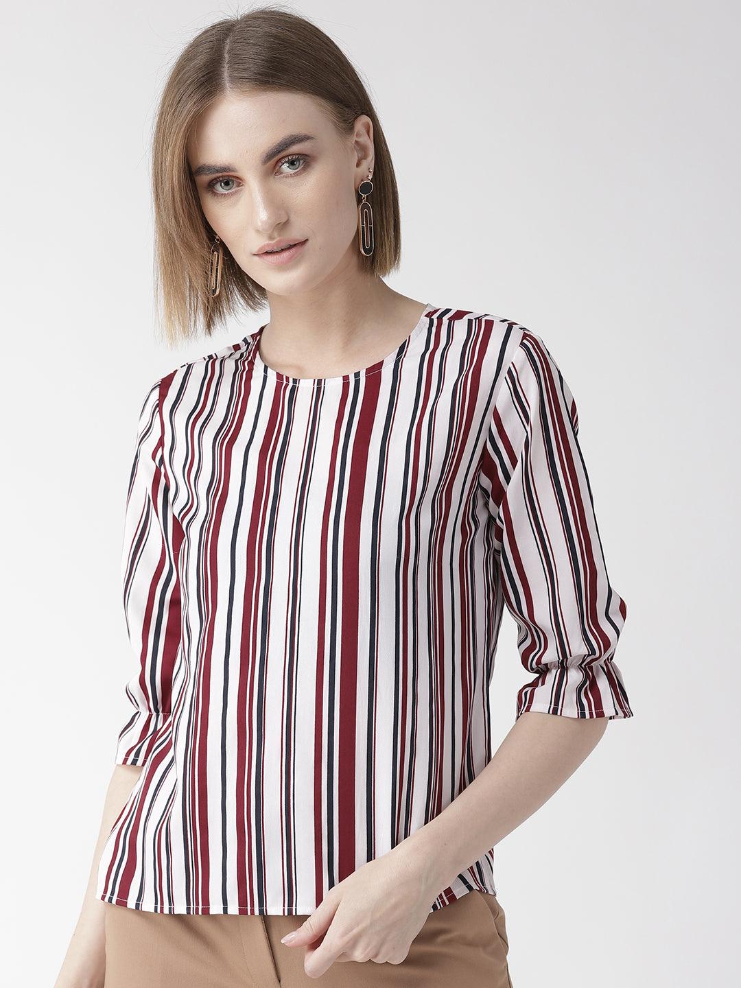 Style Quotient Women White And Multi Stripe Printed Polyester Smart Casual Top-Tops-StyleQuotient