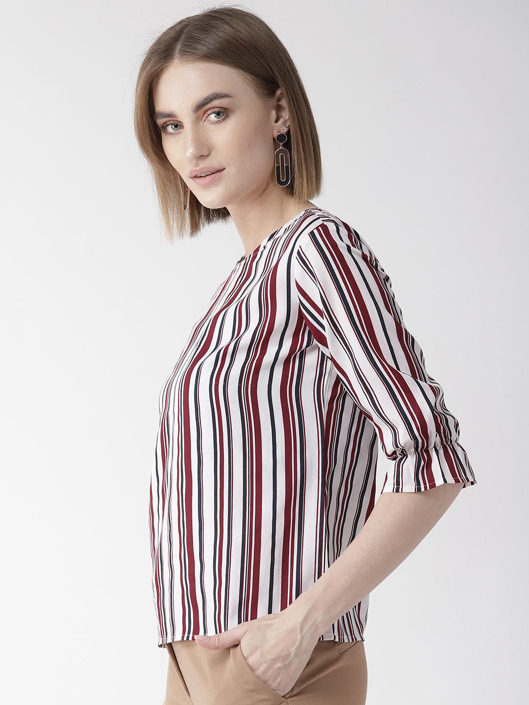 Style Quotient Women White And Multi Stripe Printed Polyester Smart Casual Top-Tops-StyleQuotient