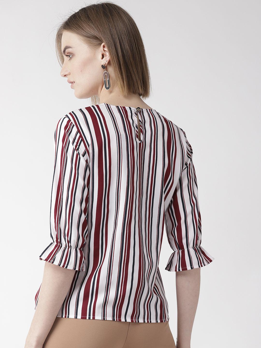 Style Quotient Women White And Multi Stripe Printed Polyester Smart Casual Top-Tops-StyleQuotient