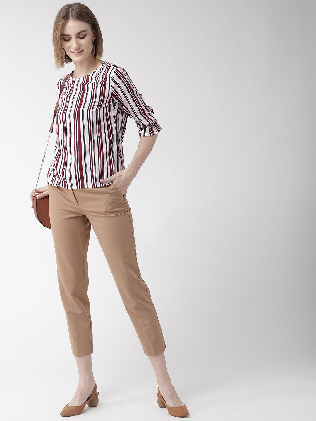 Style Quotient Women White And Multi Stripe Printed Polyester Smart Casual Top-Tops-StyleQuotient