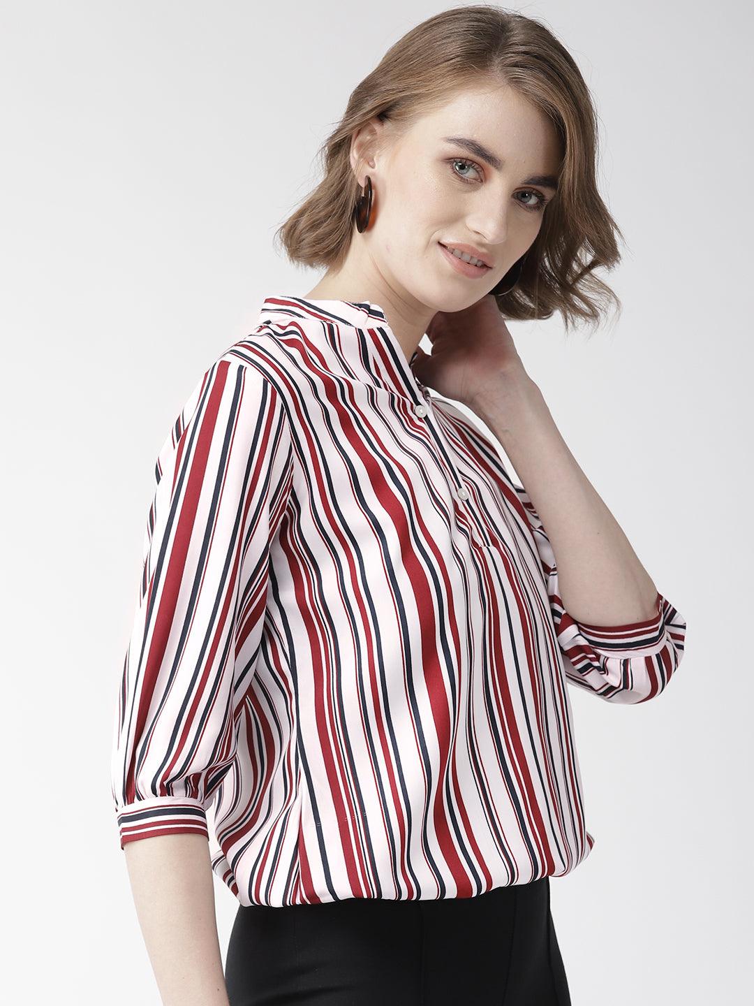 Women Striped Half Placket Shirt Style Top-Tops-StyleQuotient