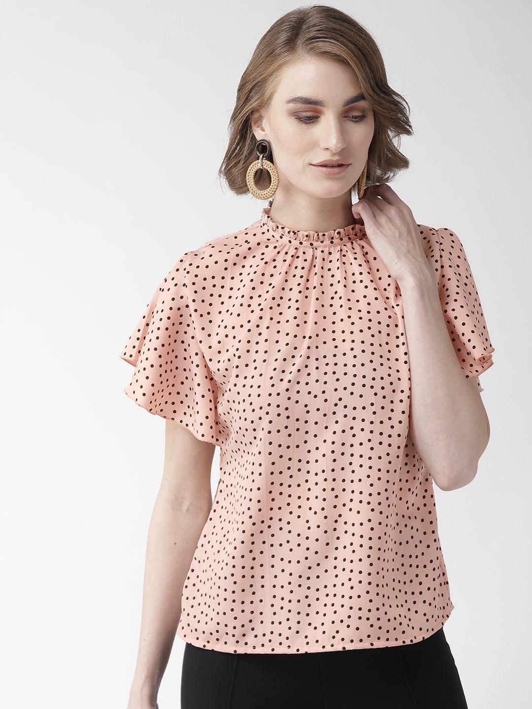 Women Peach-Coloured Polk Dot Print Top-Tops-StyleQuotient