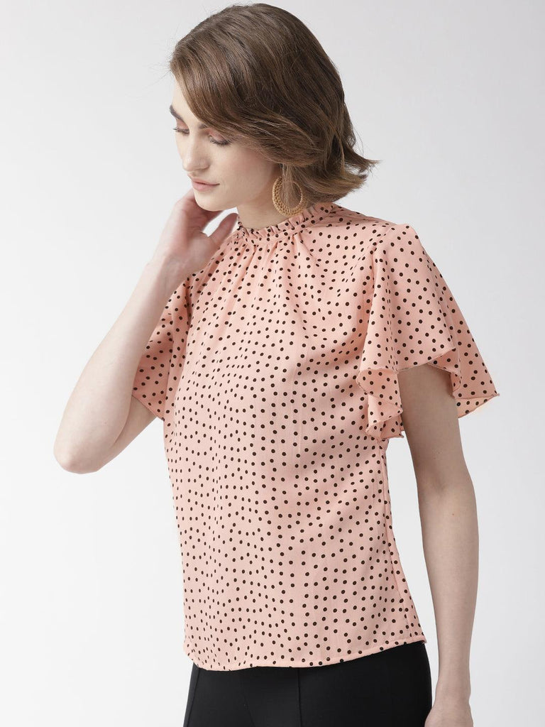 Women Peach-Coloured Polk Dot Print Top-Tops-StyleQuotient