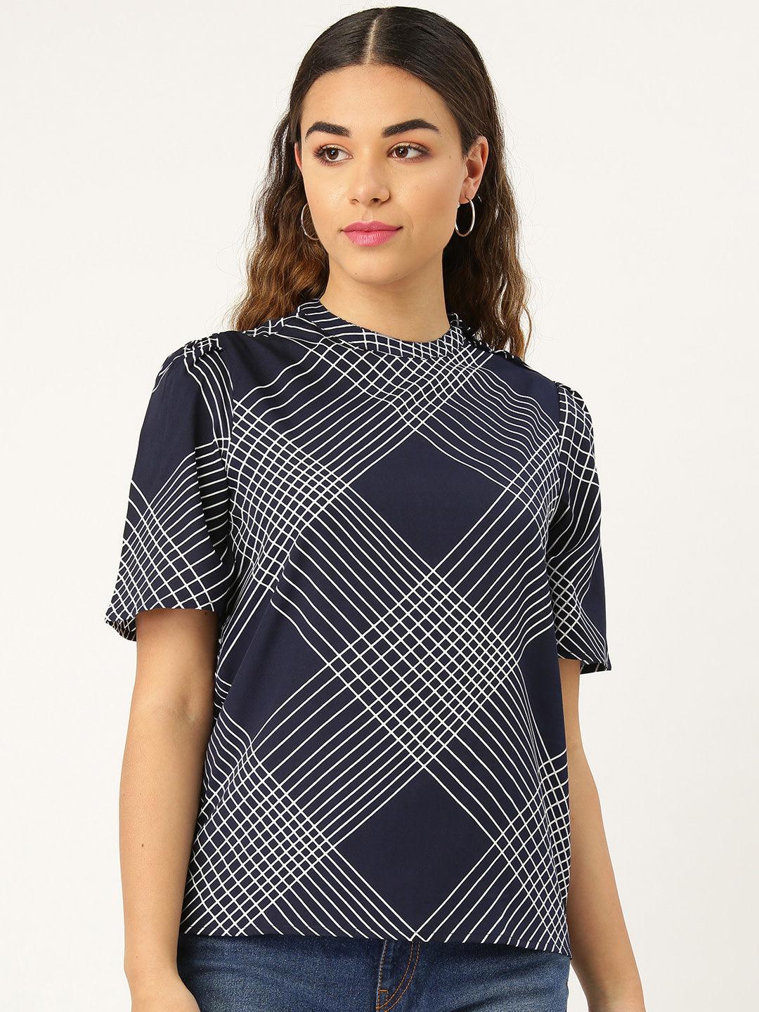 Women Navy & White Checked Top-Tops-StyleQuotient