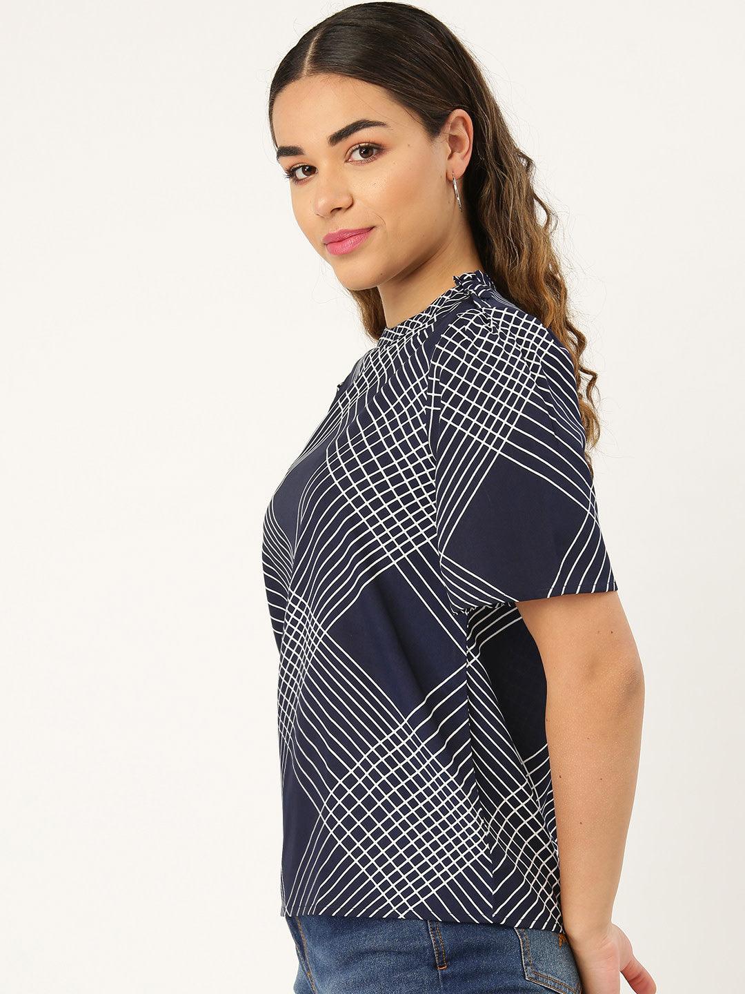 Women Navy & White Checked Top-Tops-StyleQuotient