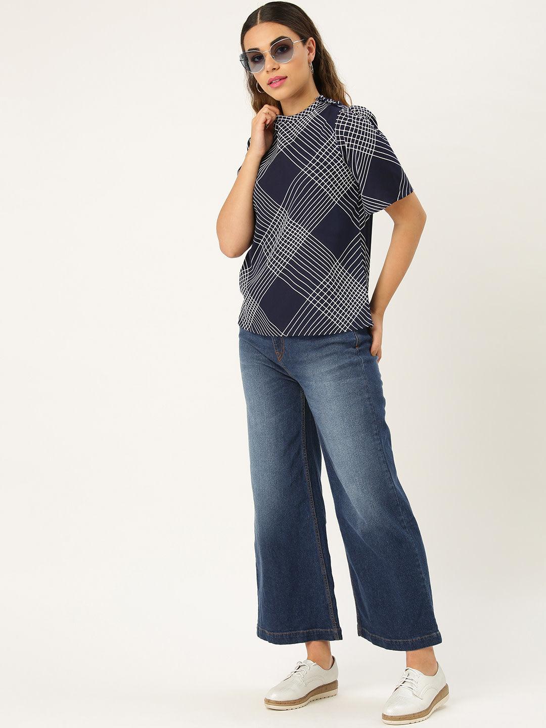 Women Navy & White Checked Top-Tops-StyleQuotient