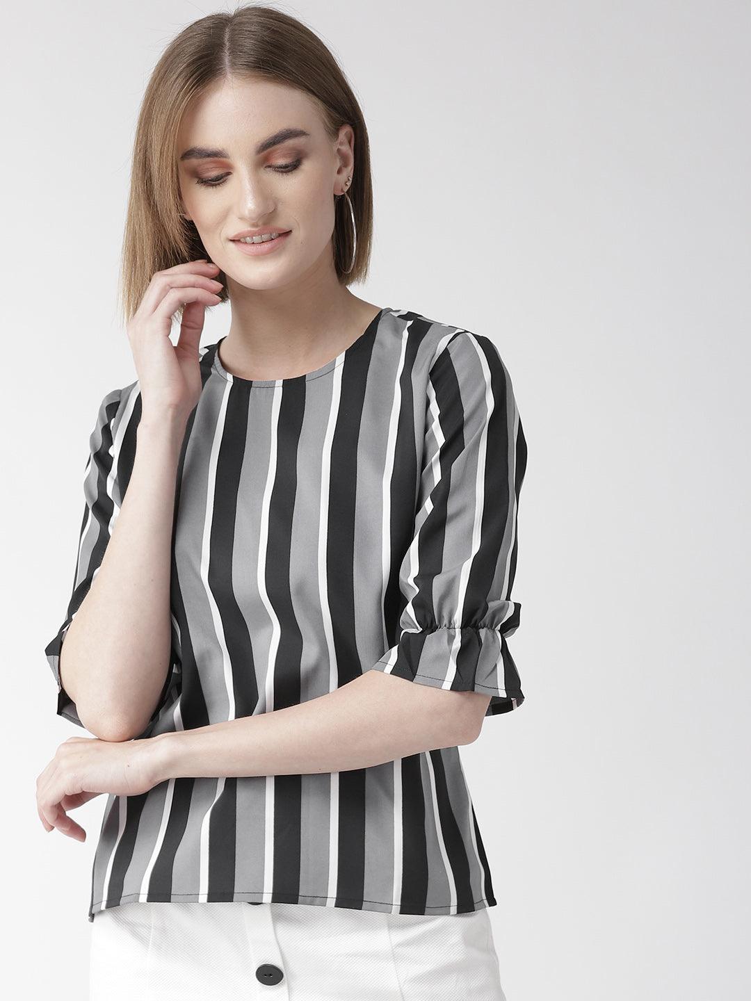 Women Grey & Black Striped Top-Tops-StyleQuotient