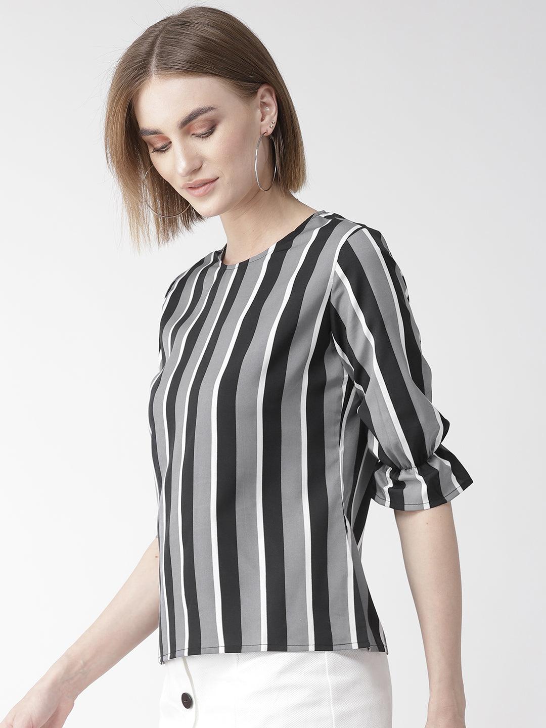 Women Grey & Black Striped Top-Tops-StyleQuotient