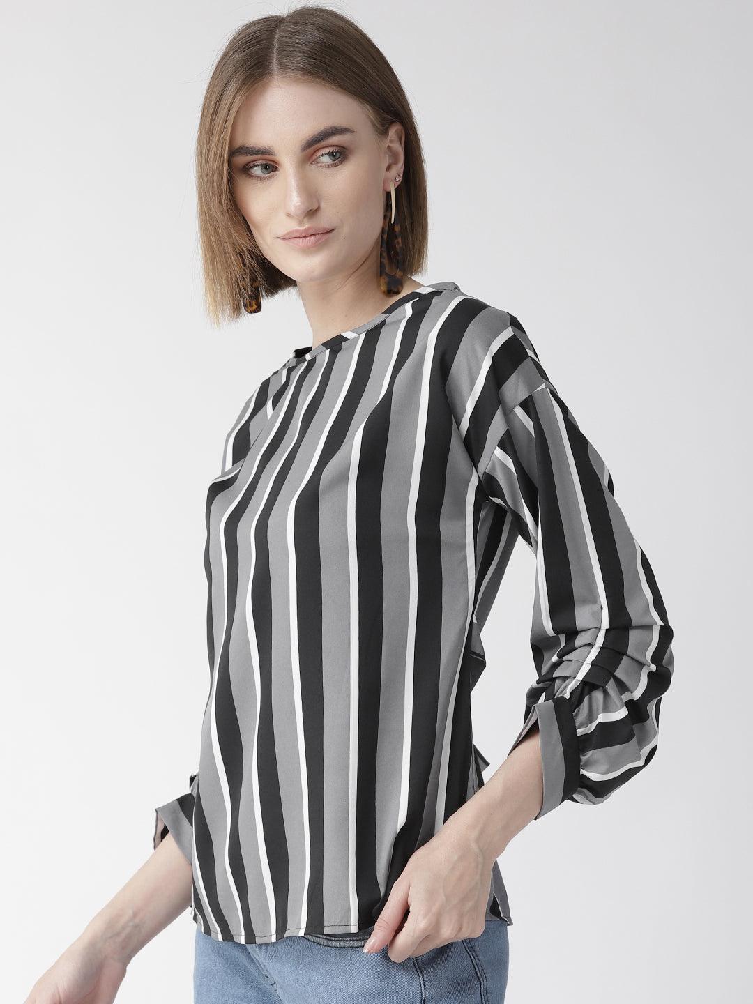 Women Grey & Black Striped Top-Tops-StyleQuotient