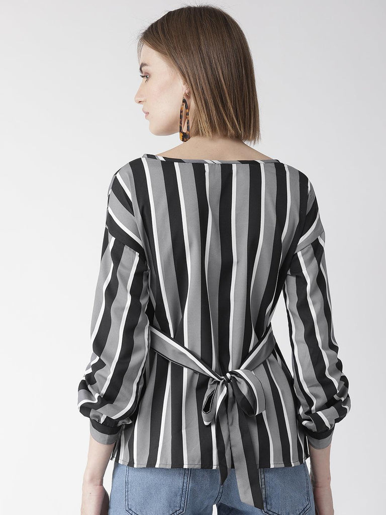 Women Grey & Black Striped Top-Tops-StyleQuotient