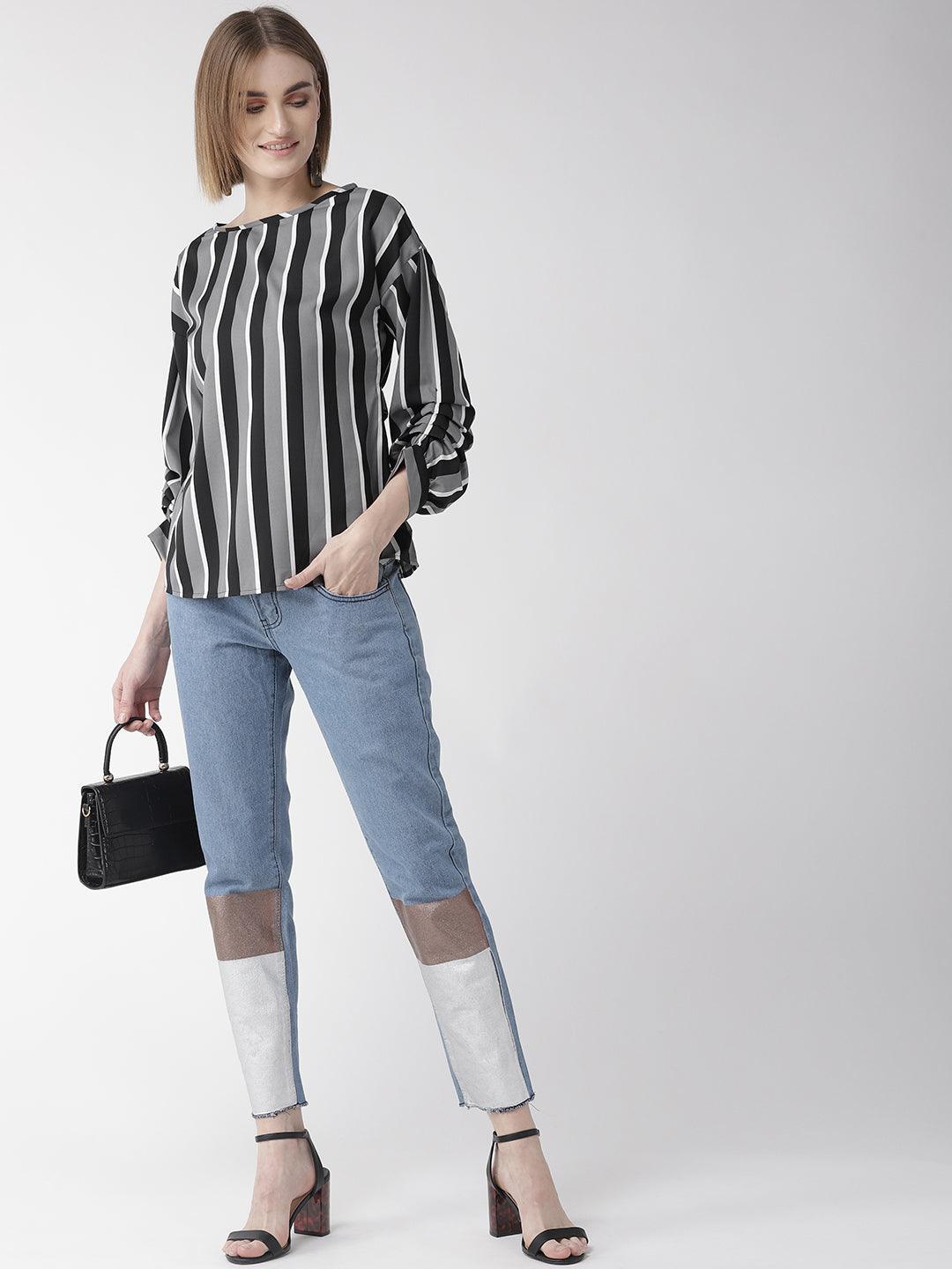 Women Grey & Black Striped Top-Tops-StyleQuotient