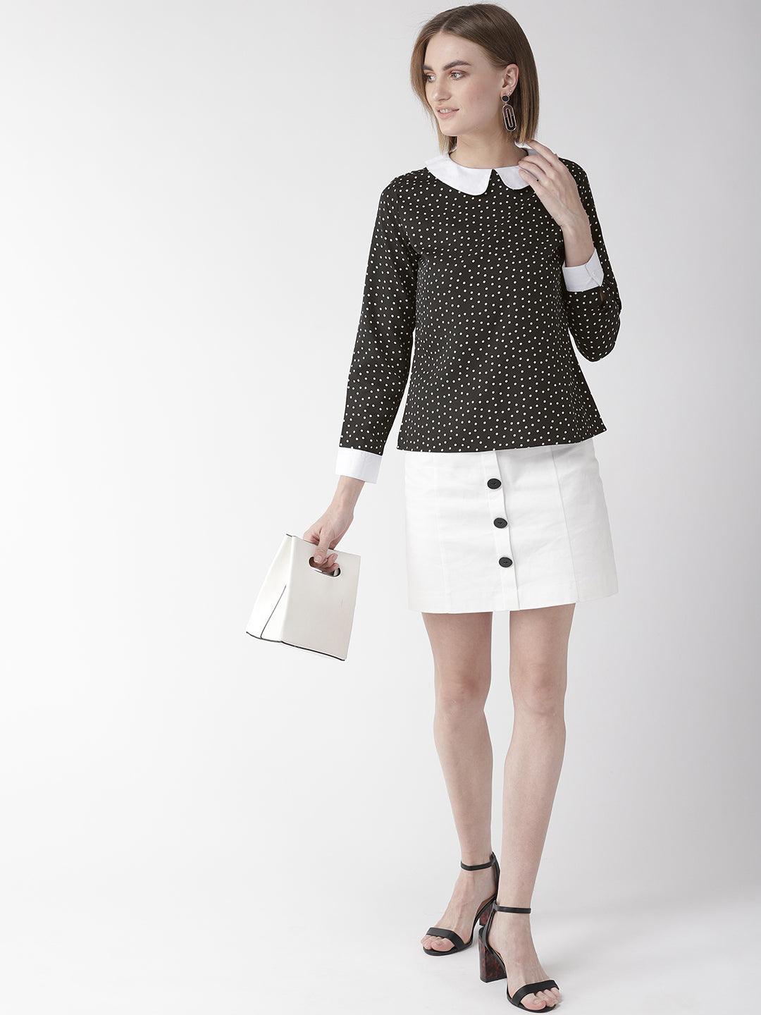 Women Black & White Polka Dot Print Top-Tops-StyleQuotient