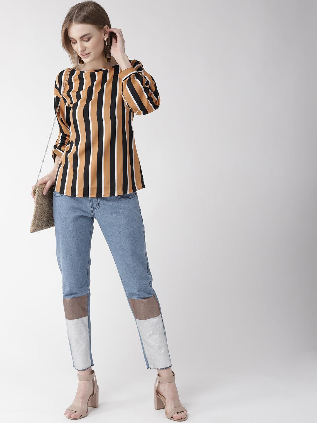 Women Grey & Black Striped Top-Tops-StyleQuotient