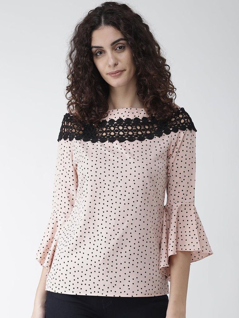 Women Peach-Coloured & Black Printed Top-Tops-StyleQuotient