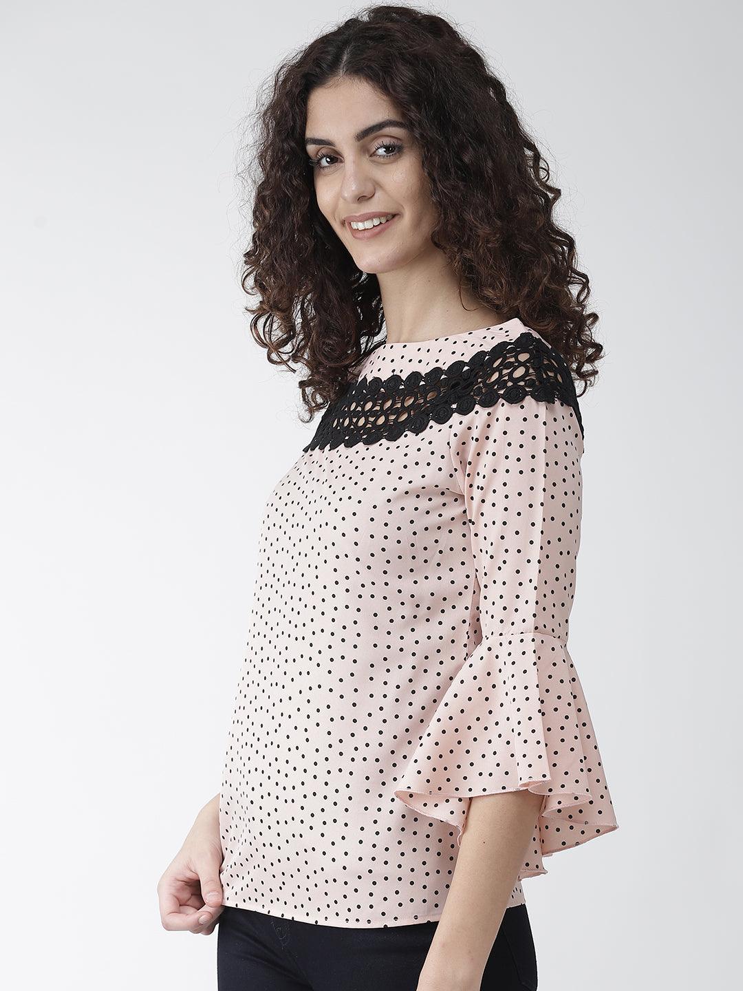 Women Peach-Coloured & Black Printed Top-Tops-StyleQuotient