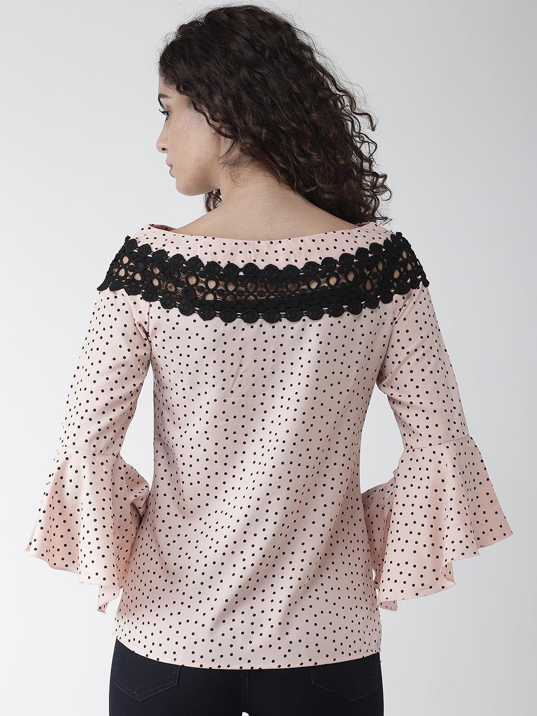 Women Peach-Coloured & Black Printed Top-Tops-StyleQuotient