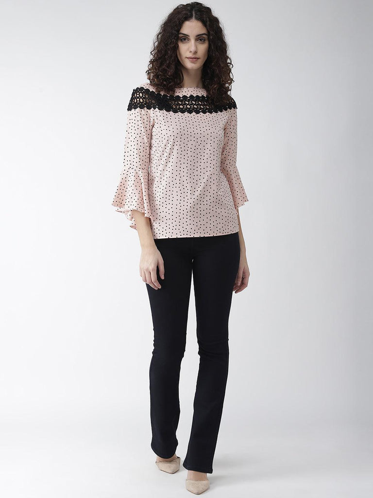 Women Peach-Coloured & Black Printed Top-Tops-StyleQuotient