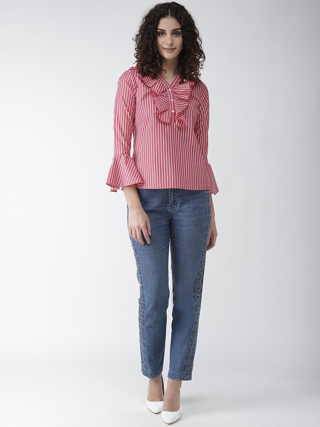 Women Red & White Striped Top-Tops-StyleQuotient