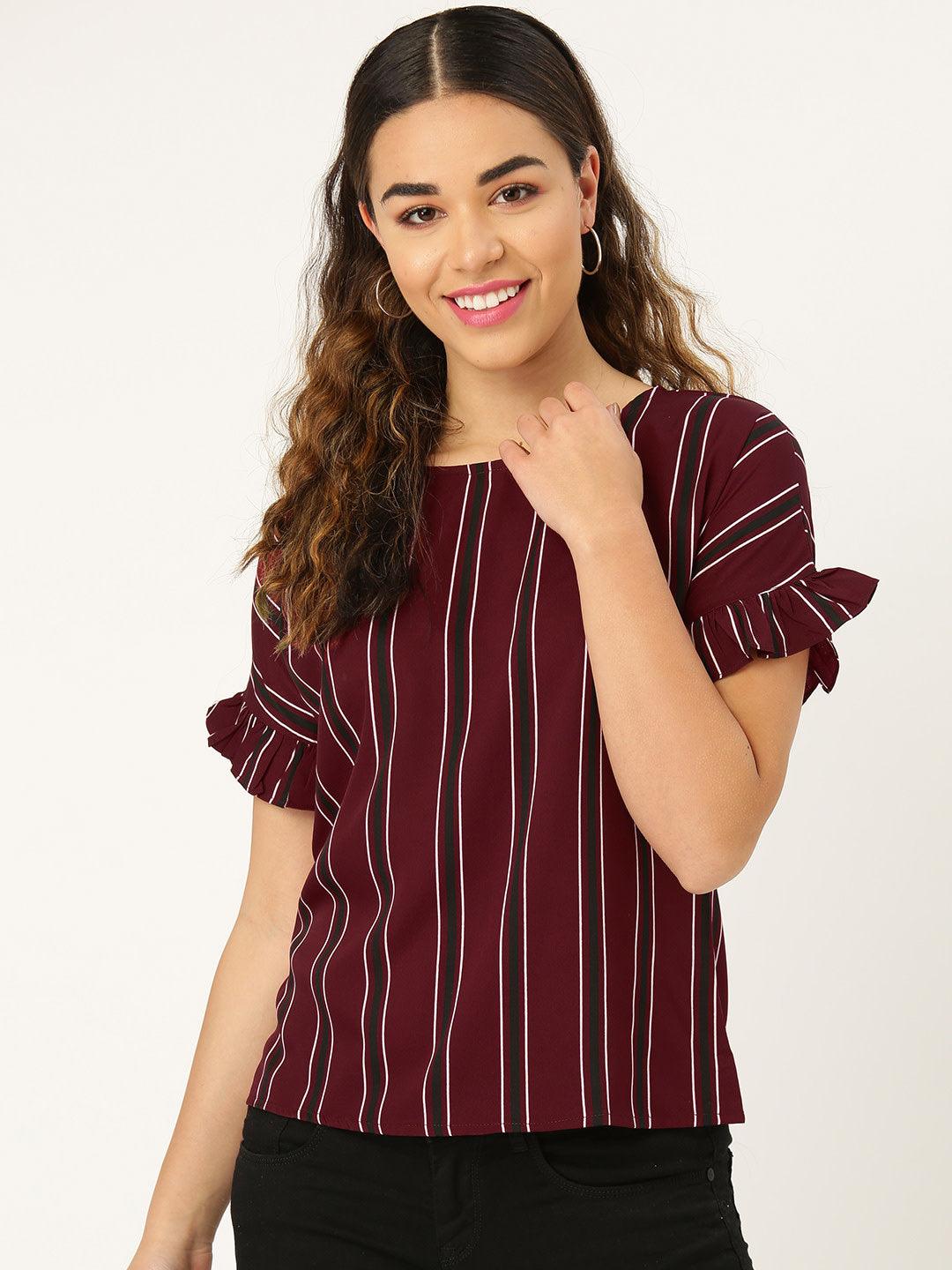 Women Maroon & Black Striped Top-Tops-StyleQuotient