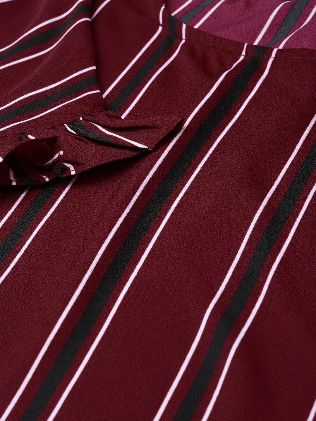 Women Maroon & Black Striped Top-Tops-StyleQuotient