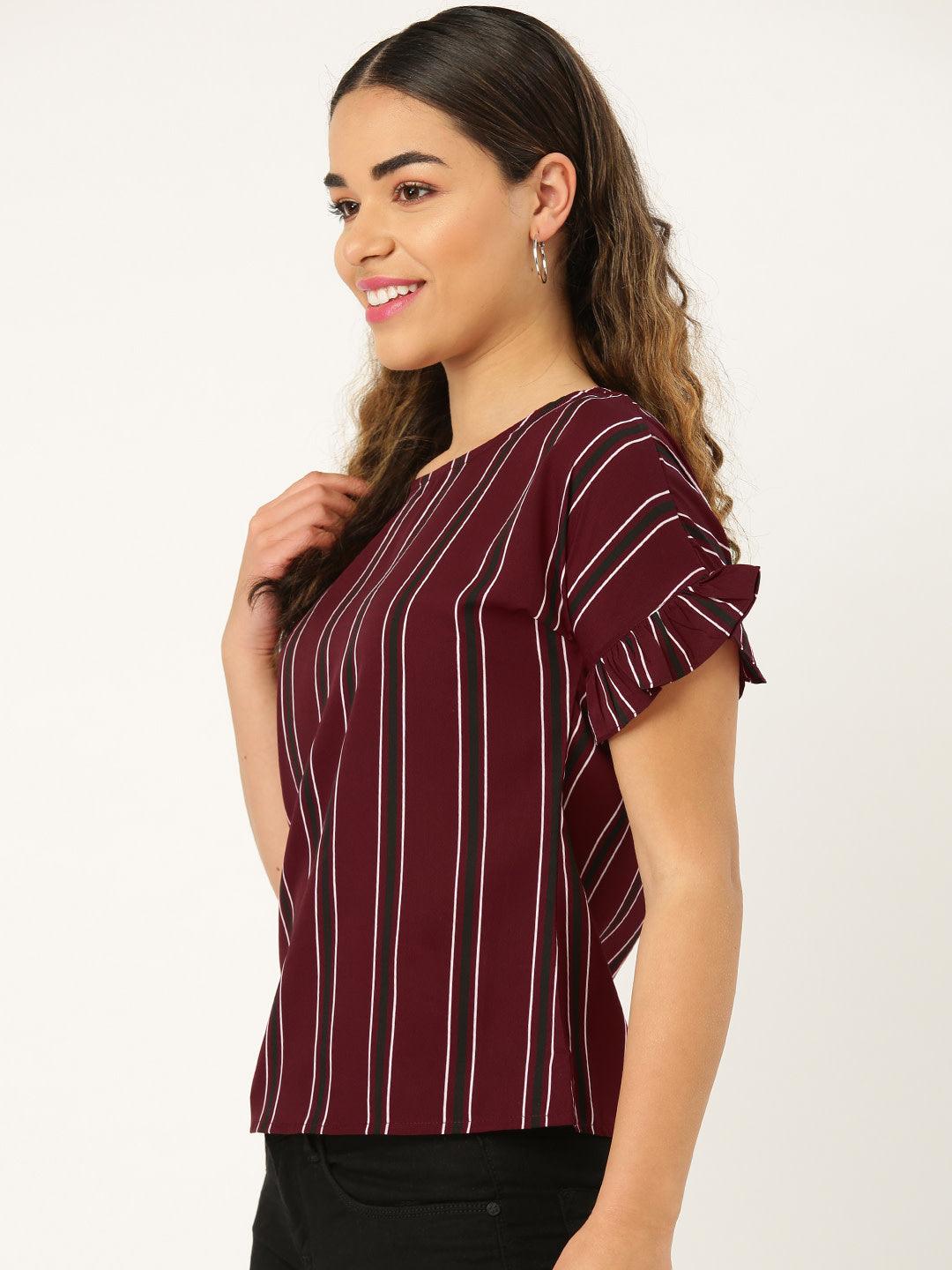 Women Maroon & Black Striped Top-Tops-StyleQuotient