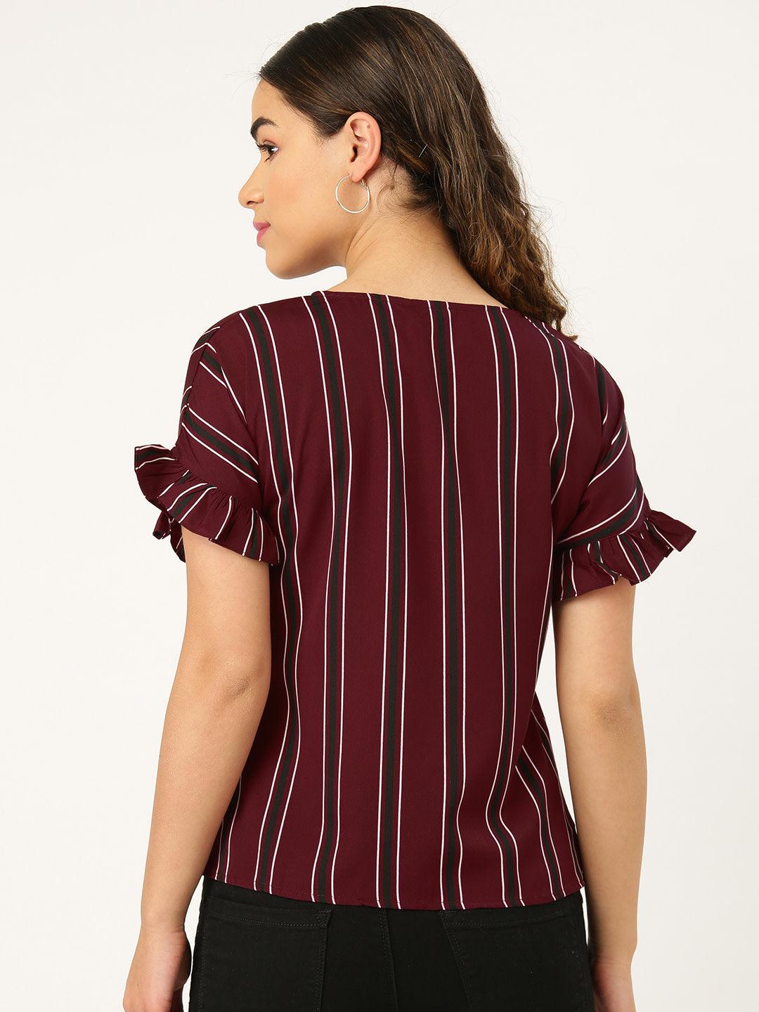 Women Maroon & Black Striped Top-Tops-StyleQuotient