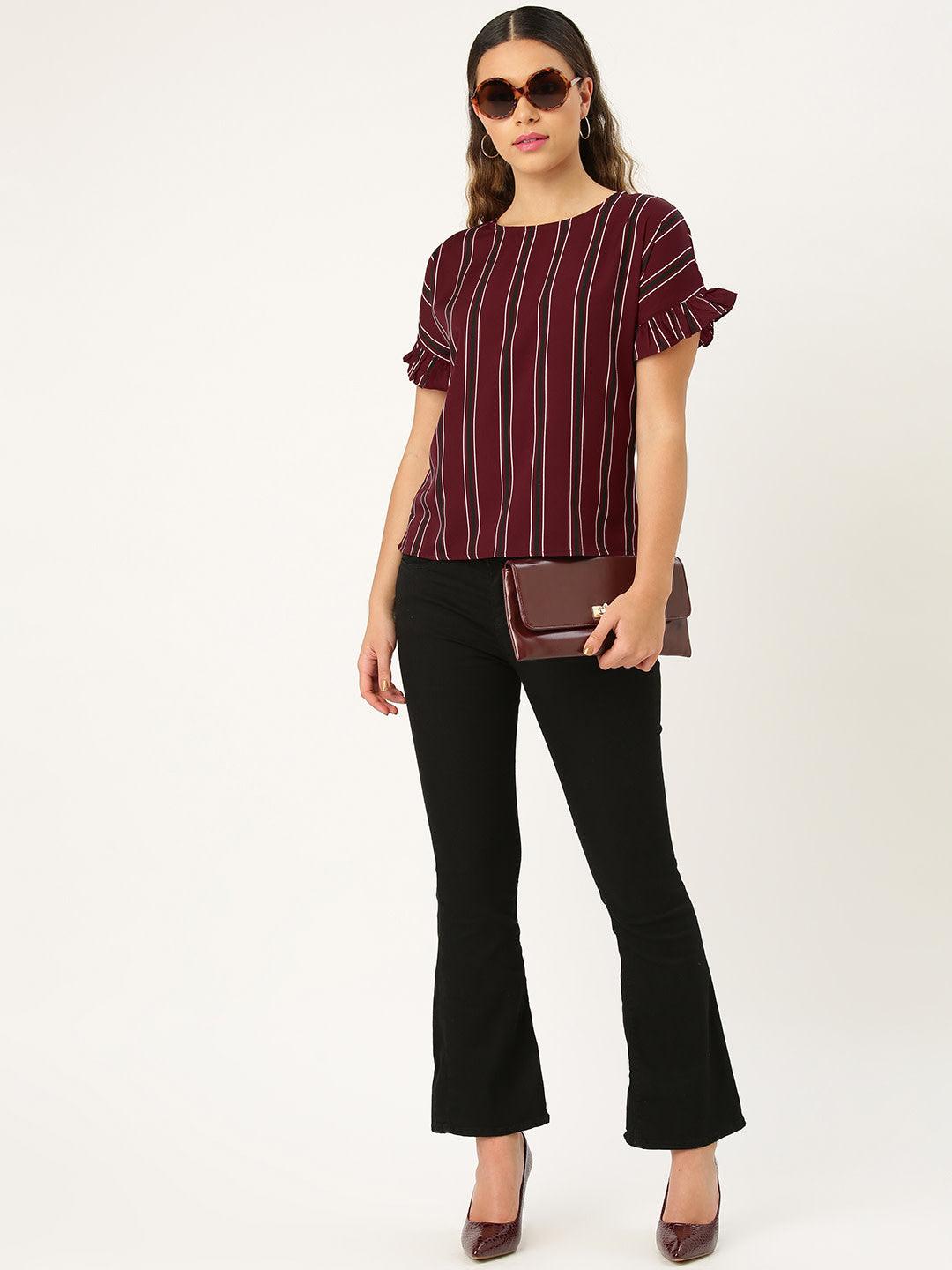 Women Maroon & Black Striped Top-Tops-StyleQuotient