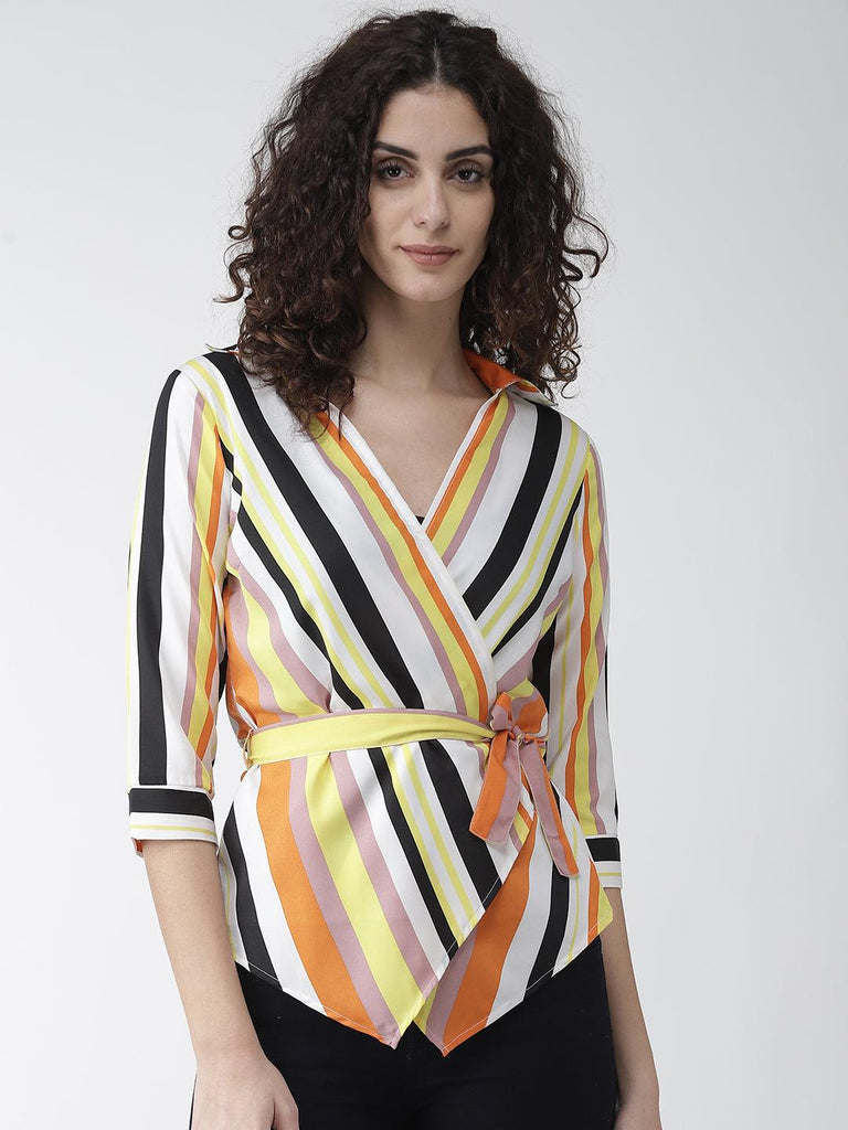 Women White & Yellow Striped Wrap Top-Tops-StyleQuotient